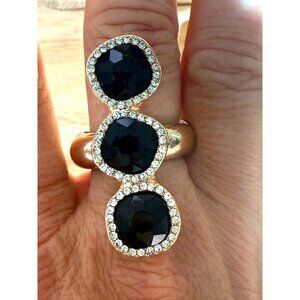 Monet Triple Black Stone Stretch Cocktail Ring W/ Gold Tone & Crystal Accents Si